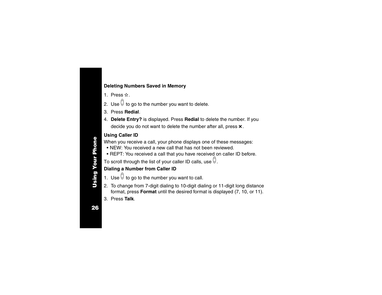 Deleting numbers saved in memory, Using caller id, Dialing a number from caller id | Deleting numbers saved in, Memory, Using caller id dialing a number from caller id | Motorola Cordless Telephone User Manual | Page 27 / 36