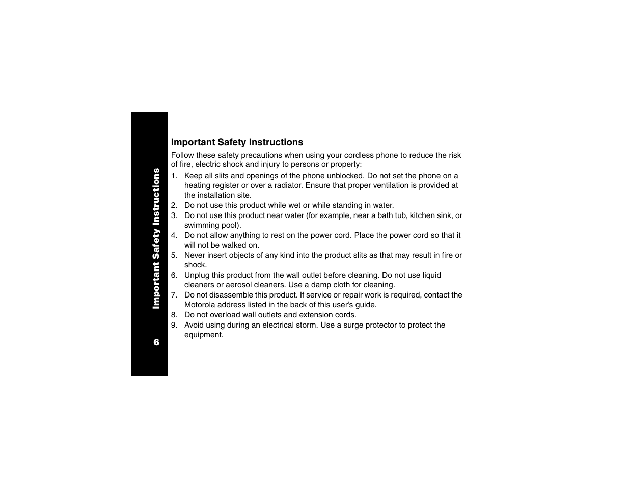 Important safety instructions | Motorola Cordless Telephone User Manual | Page 7 / 36