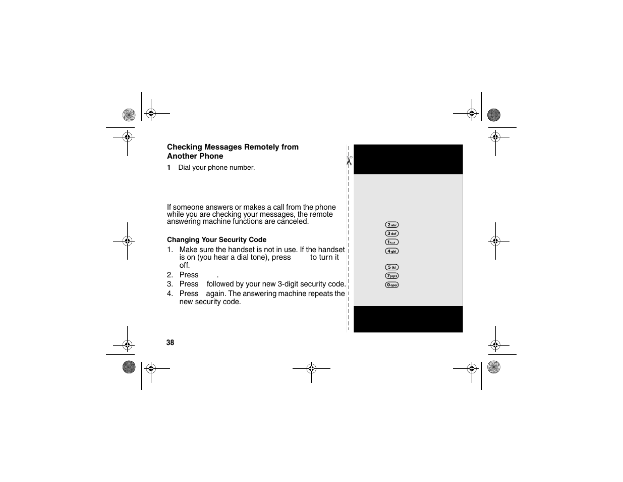 Checking messages remotely from anotherphone, Checking messages remotely from another phone 38 | Motorola sd4560 User Manual | Page 49 / 69