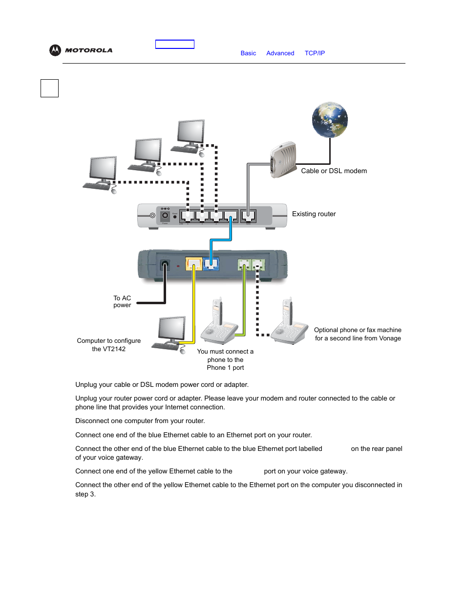 Installation with an existing router, Instructions | Motorola VT2142 User Manual | Page 16 / 83