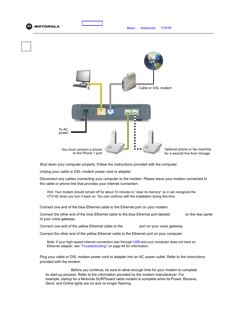 Installation with a standard modem, Use instructions, Installation | With a standard modem | Motorola VT2142 User Manual | Page 18 / 83