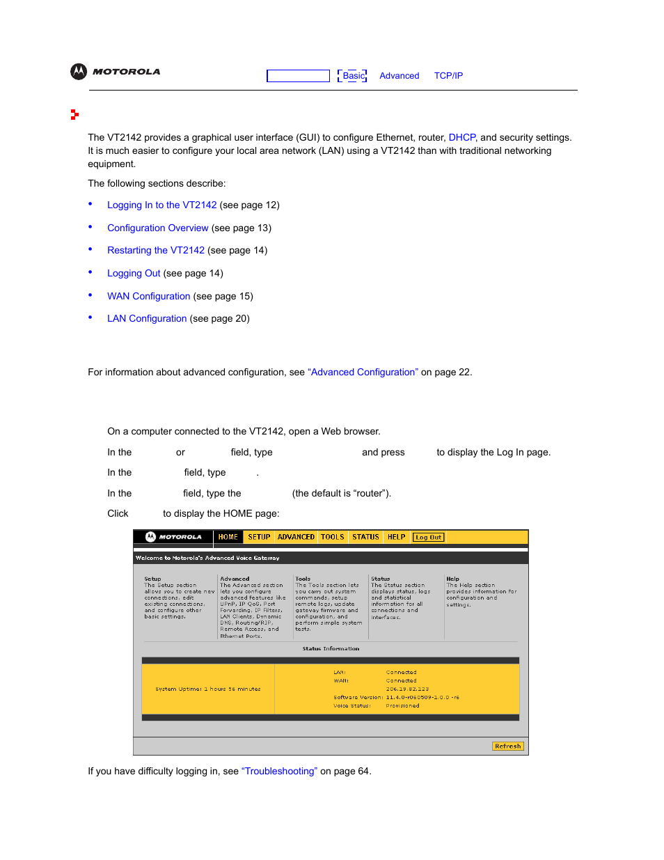 Basic configuration, Logging in to the vt2142, Configuration | Basic advan, Basic advanced, Basic | Motorola VT2142 User Manual | Page 22 / 83
