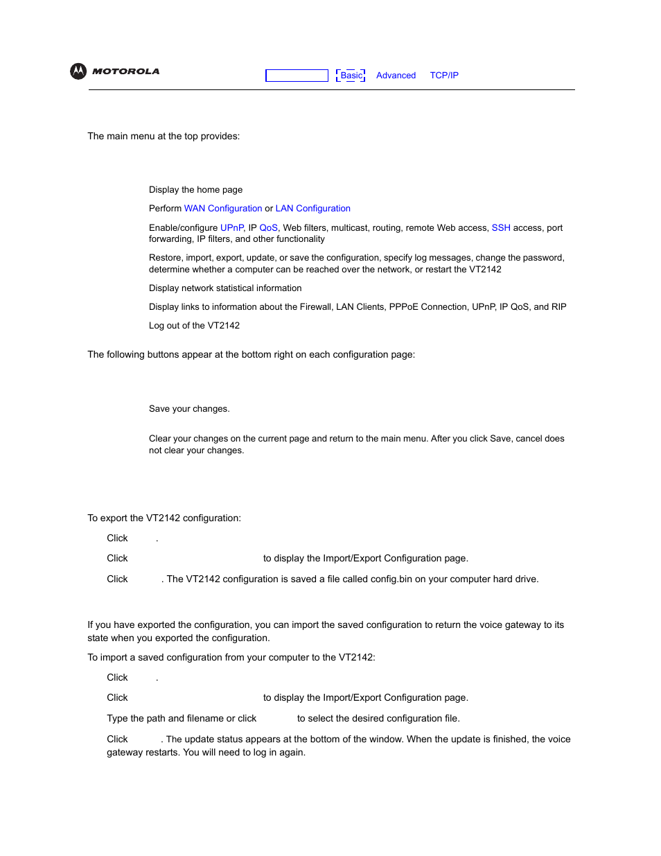 Configuration overview, Exporting the vt2142 configuration, Importing the saved configuration | Motorola VT2142 User Manual | Page 23 / 83