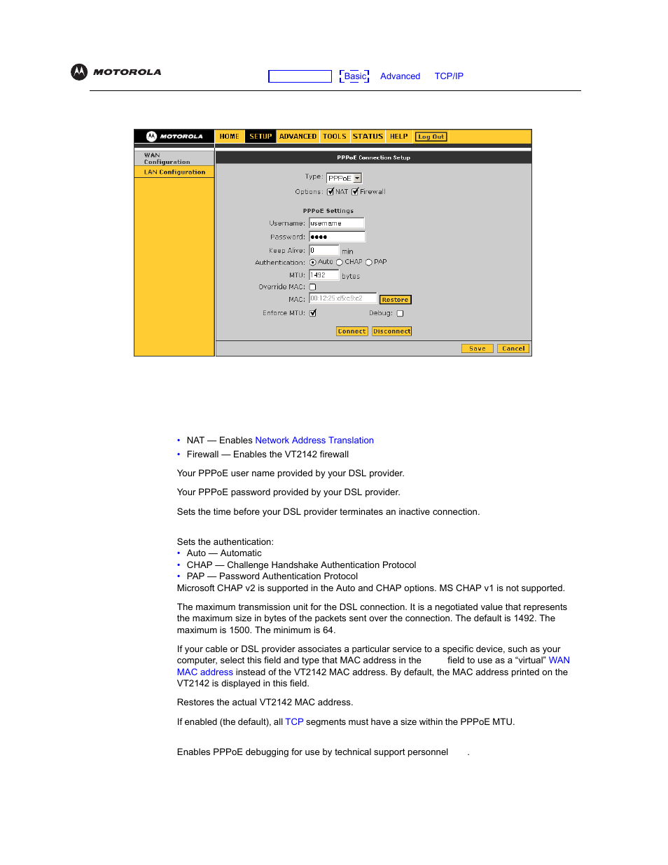 Wan setup for pppoe (dsl), Wan setup for, Pppoe (dsl) | Motorola VT2142 User Manual | Page 26 / 83
