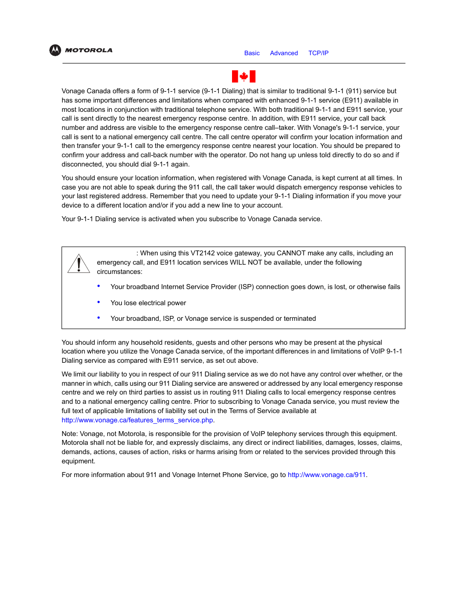 Your internet telephone service and 911 in canada, Caution | Motorola VT2142 User Manual | Page 3 / 83