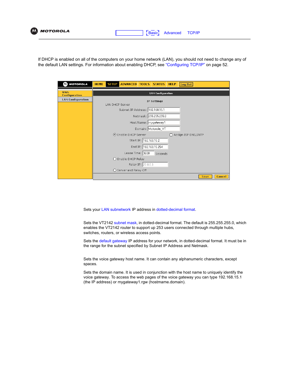 Lan configuration | Motorola VT2142 User Manual | Page 30 / 83