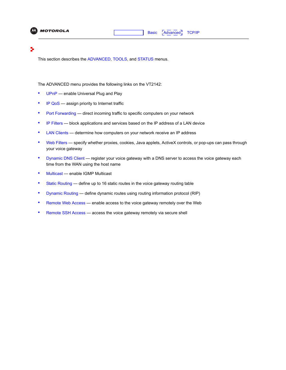 Advanced configuration, Advanced, Ced tcp/ip | Tcp/ip, Dvanced t | Motorola VT2142 User Manual | Page 32 / 83