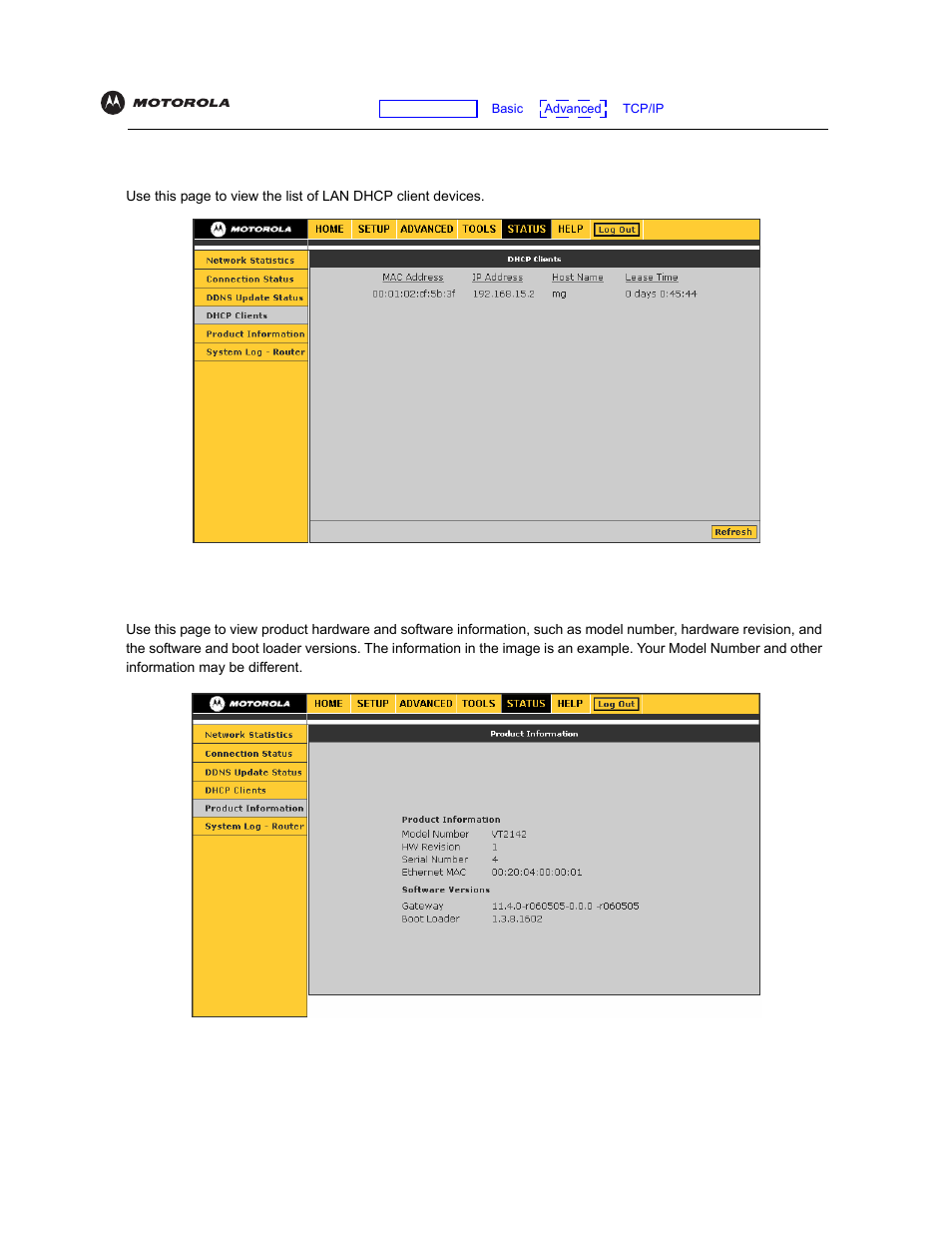 Dhcp clients, Product information, Dhcp clients product information | Dhcp, Clients | Motorola VT2142 User Manual | Page 60 / 83