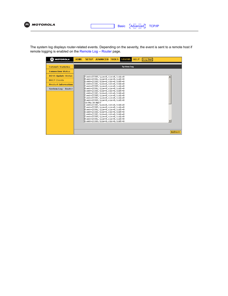 System log – router | Motorola VT2142 User Manual | Page 61 / 83
