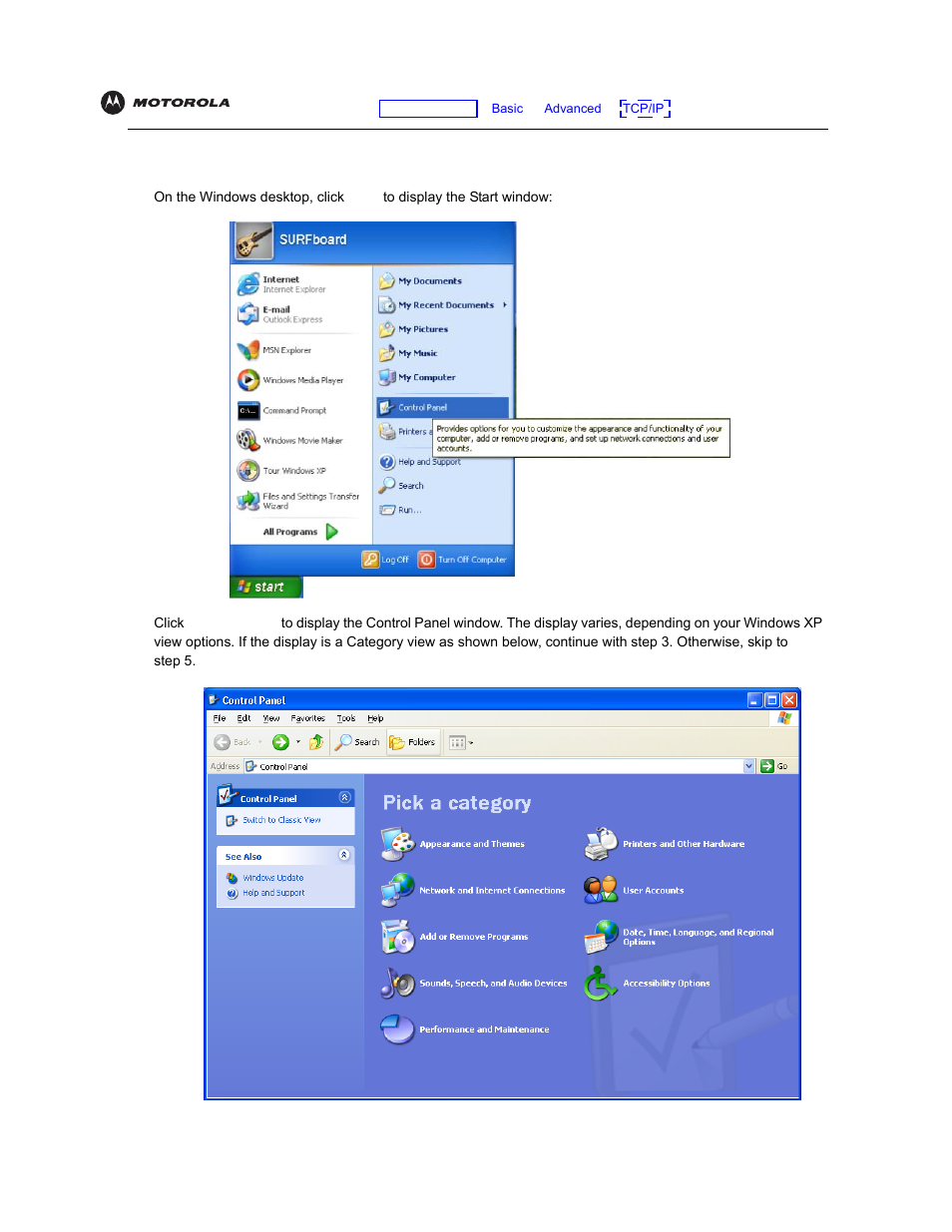 Configuring tcp/ip in windowsxp, Configuring tcp/ip in windows xp | Motorola VT2142 User Manual | Page 68 / 83