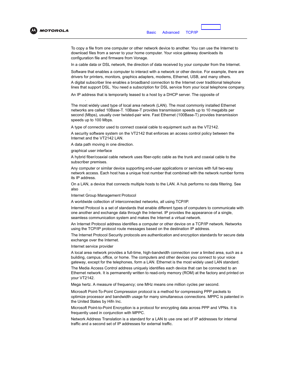 Ethernet, Port, Hubs | Ip address, Downloading, Network address translation, Mac address, Mppc, Mppe, Host | Motorola VT2142 User Manual | Page 79 / 83