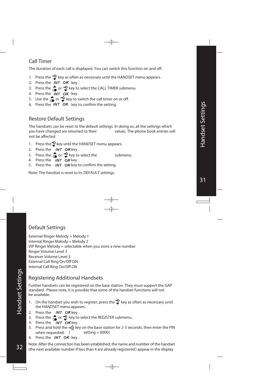 31 handset settings 32 handset settings, Restore default settings, Call t imer | Registering additional handsets default settings | Motorola ME4067 Series User Manual | Page 17 / 30