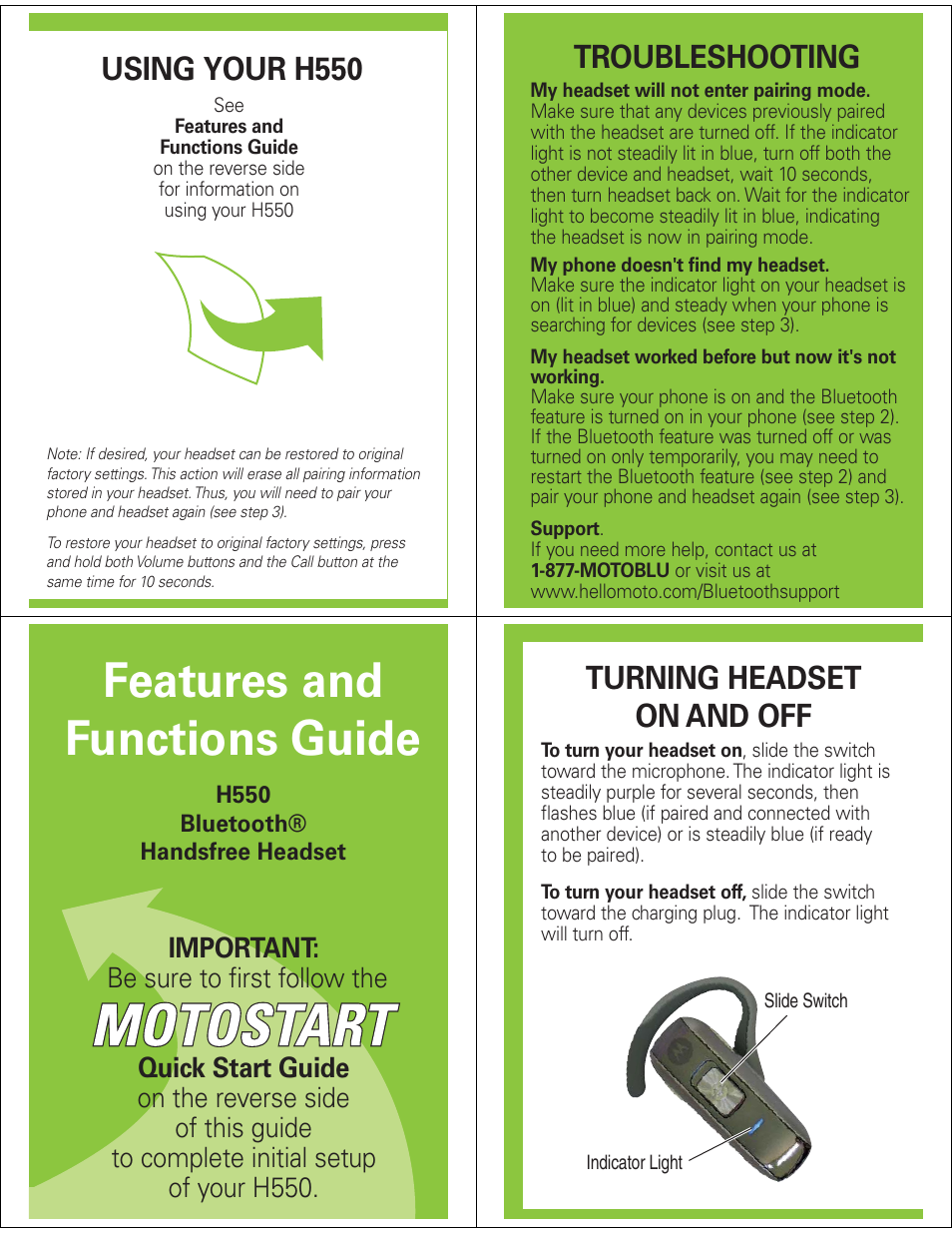 Features and functions guide, Using your h550, Troubleshooting | Turning headset on and off | Motorola H550 User Manual | Page 3 / 5