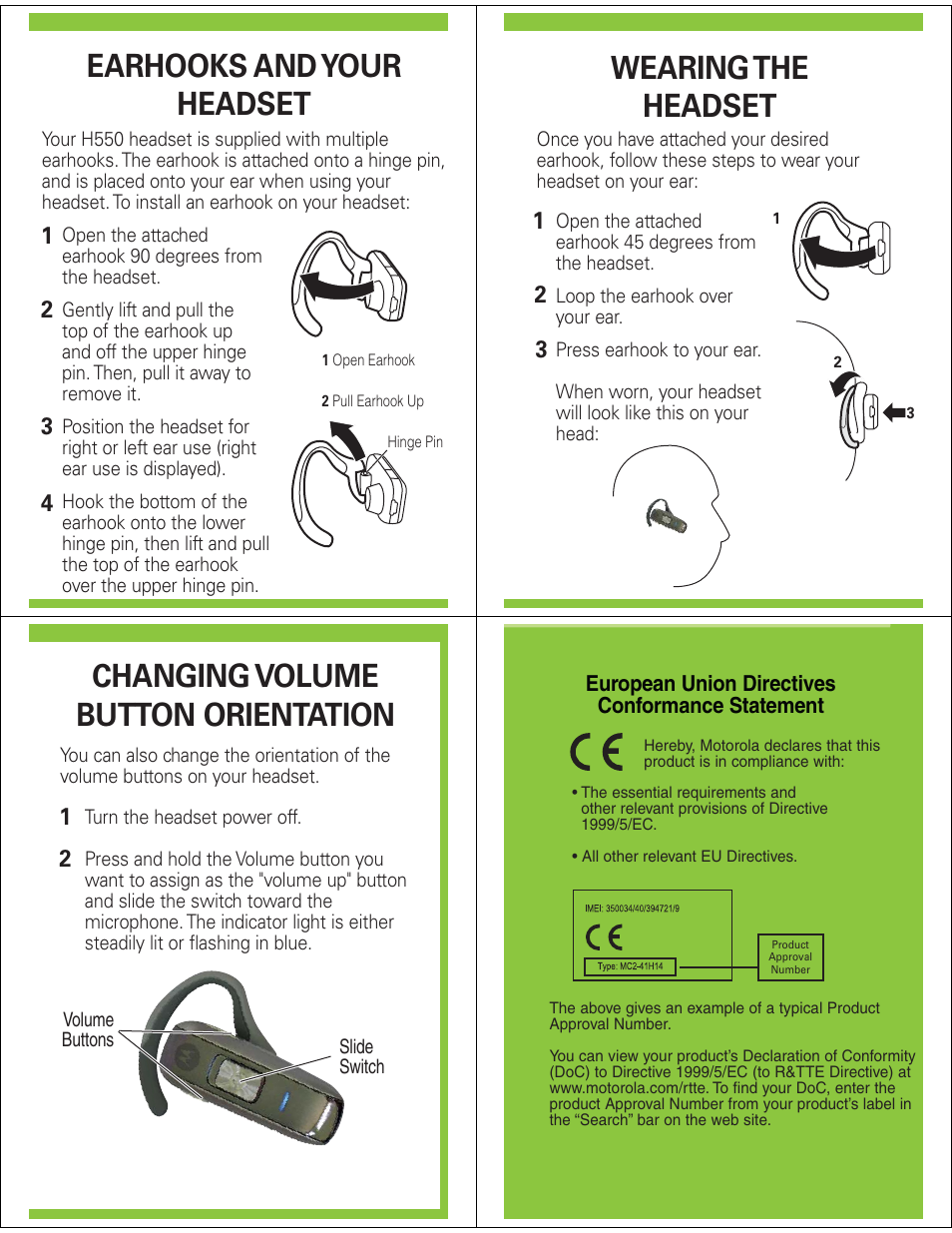 Earhooks and your headset, Wearing the headset, Changing volume button orientation | Motorola H550 User Manual | Page 4 / 5