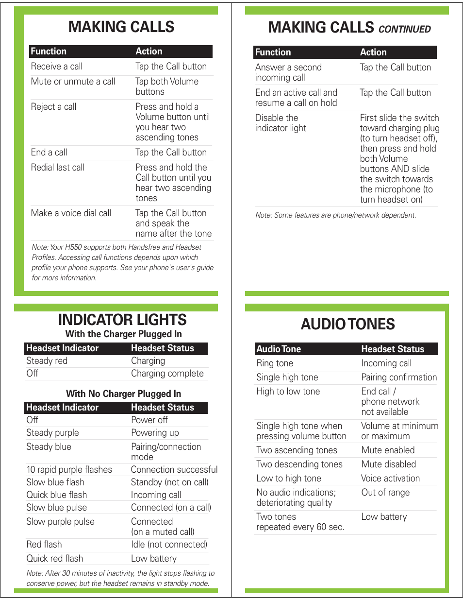 Making calls, Indicator lights, Audio tones | Motorola H550 User Manual | Page 5 / 5