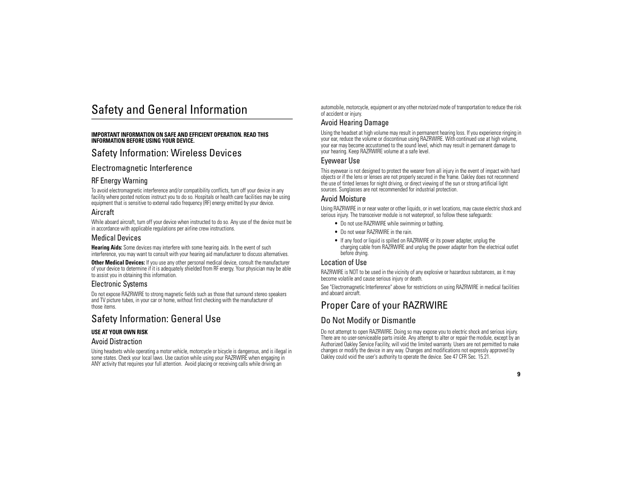 Safety and general information, Safety information: wireless devices, Safety information: general use | Proper care of your razrwire | Motorola 6809494A40-O User Manual | Page 11 / 60