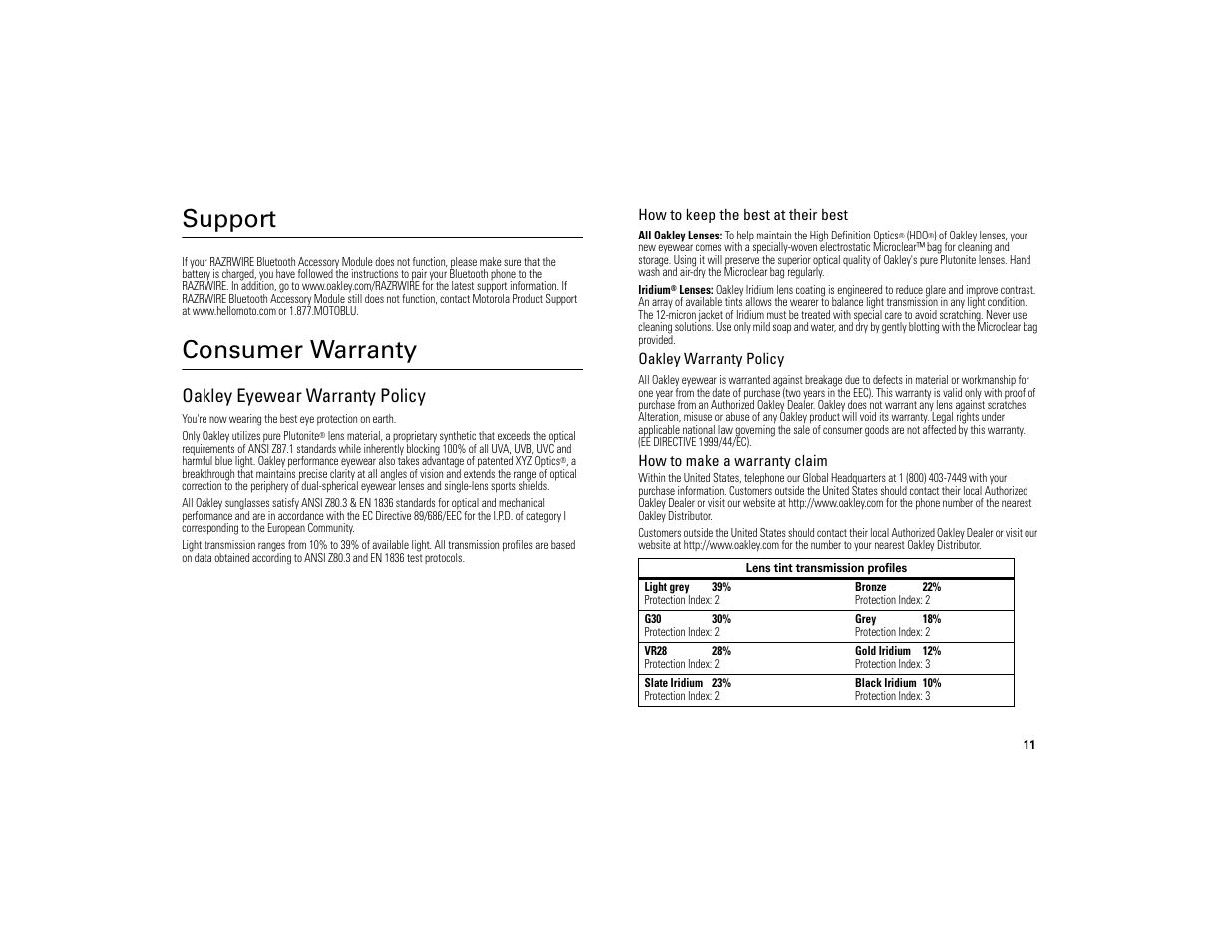 Support, Consumer warranty, Support consumer warranty | Oakley eyewear warranty policy | Motorola 6809494A40-O User Manual | Page 13 / 60