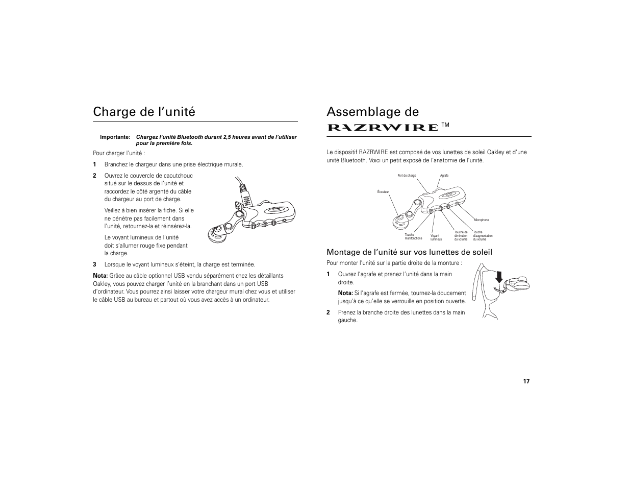 Charge de l’unité, Assemblage de razrwire, Montage de l’unité sur vos lunettes de soleil | Charge de l’unité assemblage de razrwire, Assemblage de | Motorola 6809494A40-O User Manual | Page 19 / 60