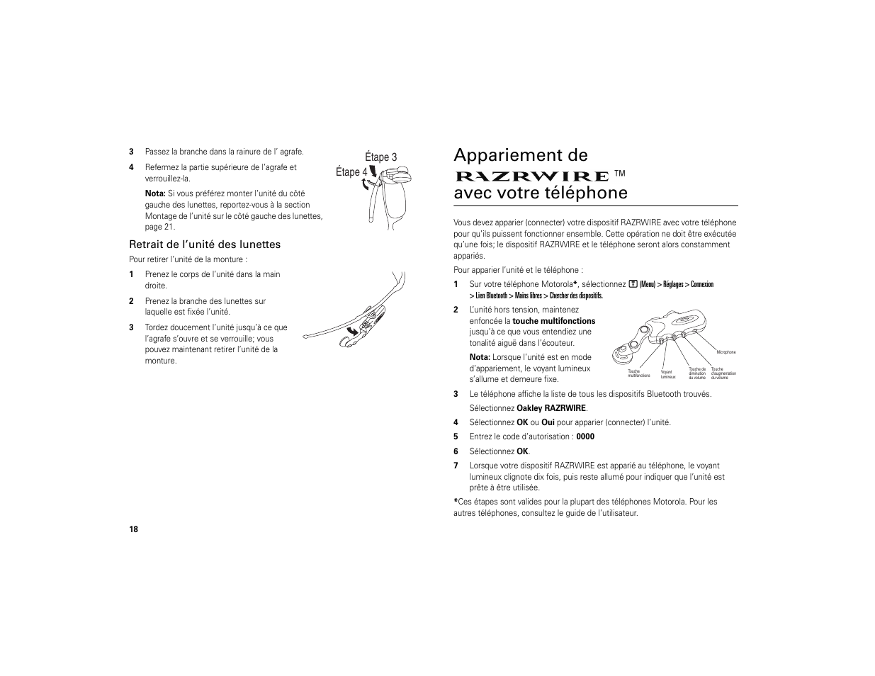 Retrait de l’unité des lunettes, Appariement de razrwire™ avec votre téléphone, Appariement de | Avec votre téléphone | Motorola 6809494A40-O User Manual | Page 20 / 60