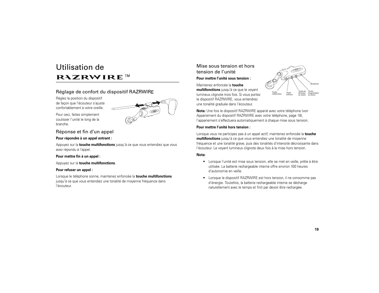 Utilisation de razrwire, Réglage de confort du dispositif razrwire, Réponse et fin d’un appel | Mise sous tension et hors tension de l’unité, Utilisation de | Motorola 6809494A40-O User Manual | Page 21 / 60