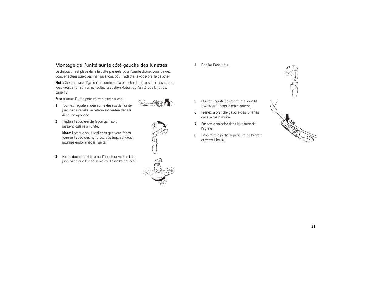 Montage de l’unité sur le côté gauche des lunettes | Motorola 6809494A40-O User Manual | Page 23 / 60