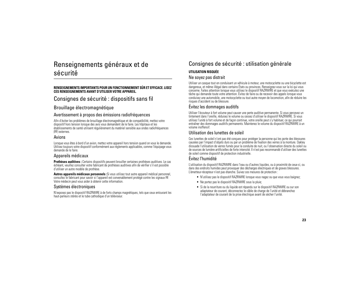 Renseignements généraux et de sécurité, Consignes de sécurité : dispositifs sans fil, Consignes de sécurité : utilisation générale | Motorola 6809494A40-O User Manual | Page 25 / 60