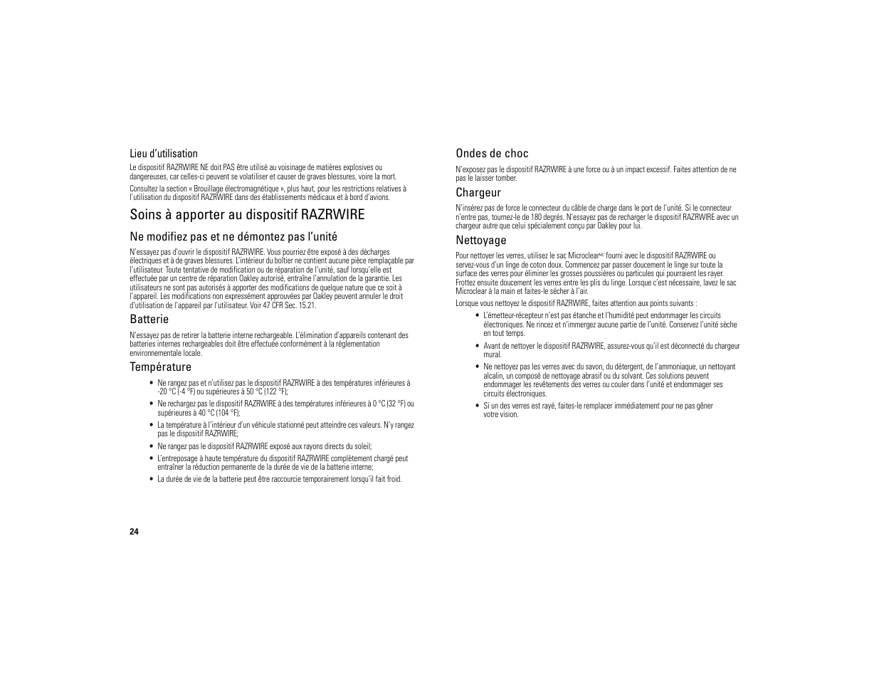 Soins à apporter au dispositif razrwire | Motorola 6809494A40-O User Manual | Page 26 / 60