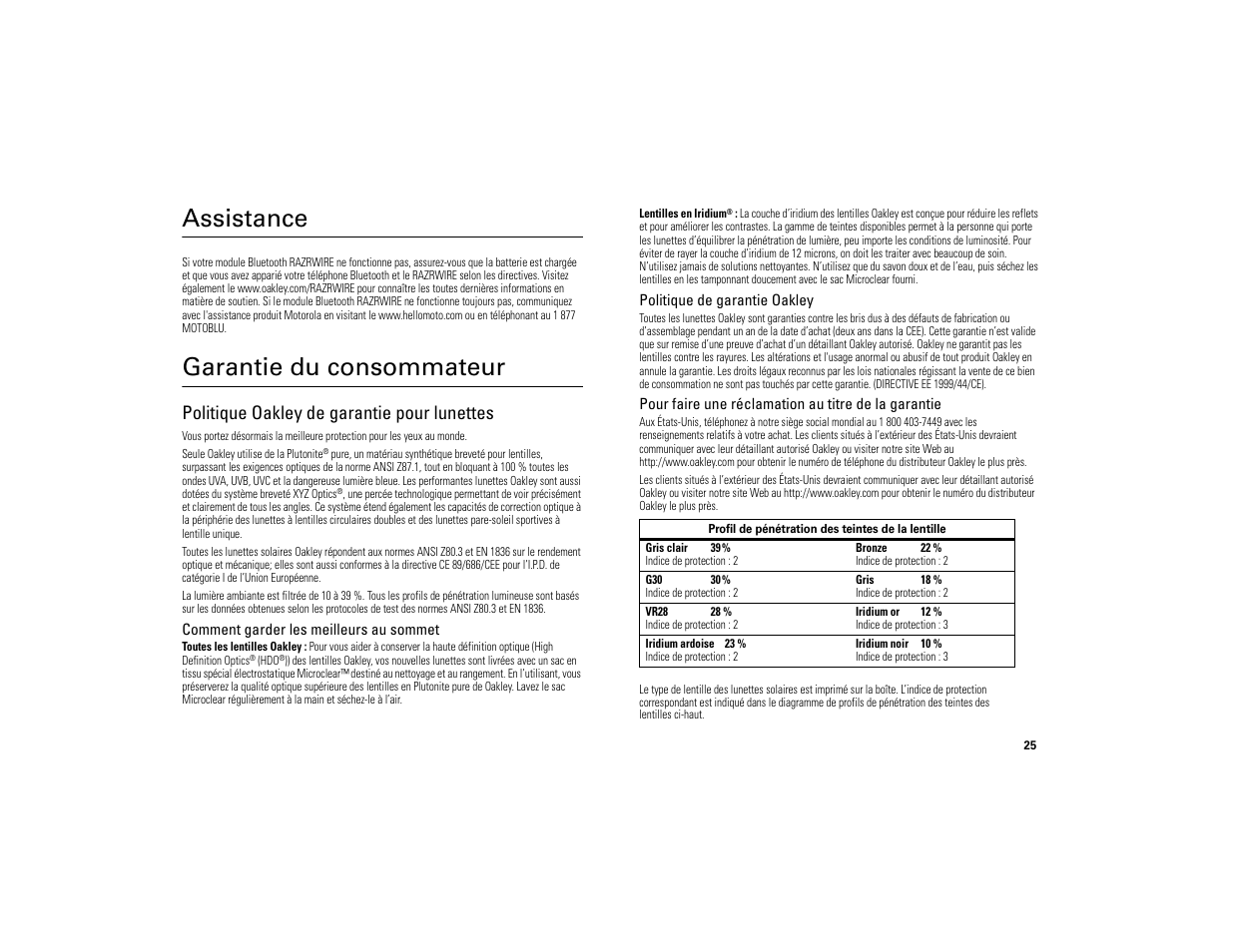 Assistance, Garantie du consommateur, Assistance garantie du consommateur | Politique oakley de garantie pour lunettes | Motorola 6809494A40-O User Manual | Page 27 / 60
