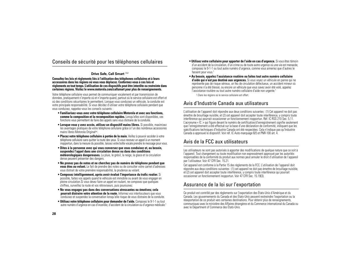 Avis d’industrie canada aux utilisateurs, Avis de la fcc aux utilisateurs, Assurance de la loi sur l’exportation | Motorola 6809494A40-O User Manual | Page 30 / 60