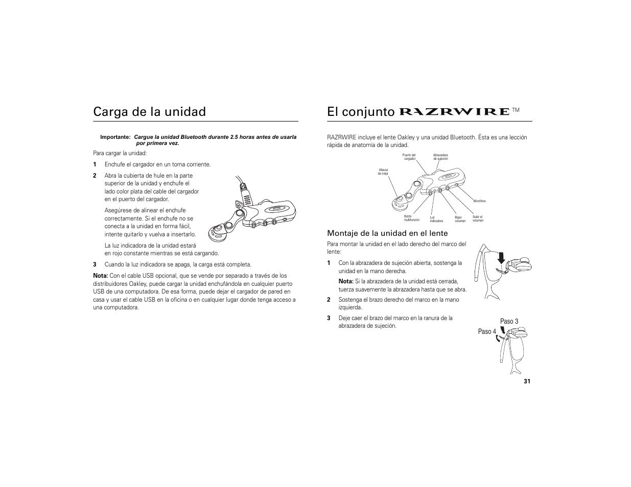 Carga de la unidad, El conjunto razrwire, Montaje de la unidad en el lente | Carga de la unidad el conjunto razrwire, El conjunto | Motorola 6809494A40-O User Manual | Page 33 / 60
