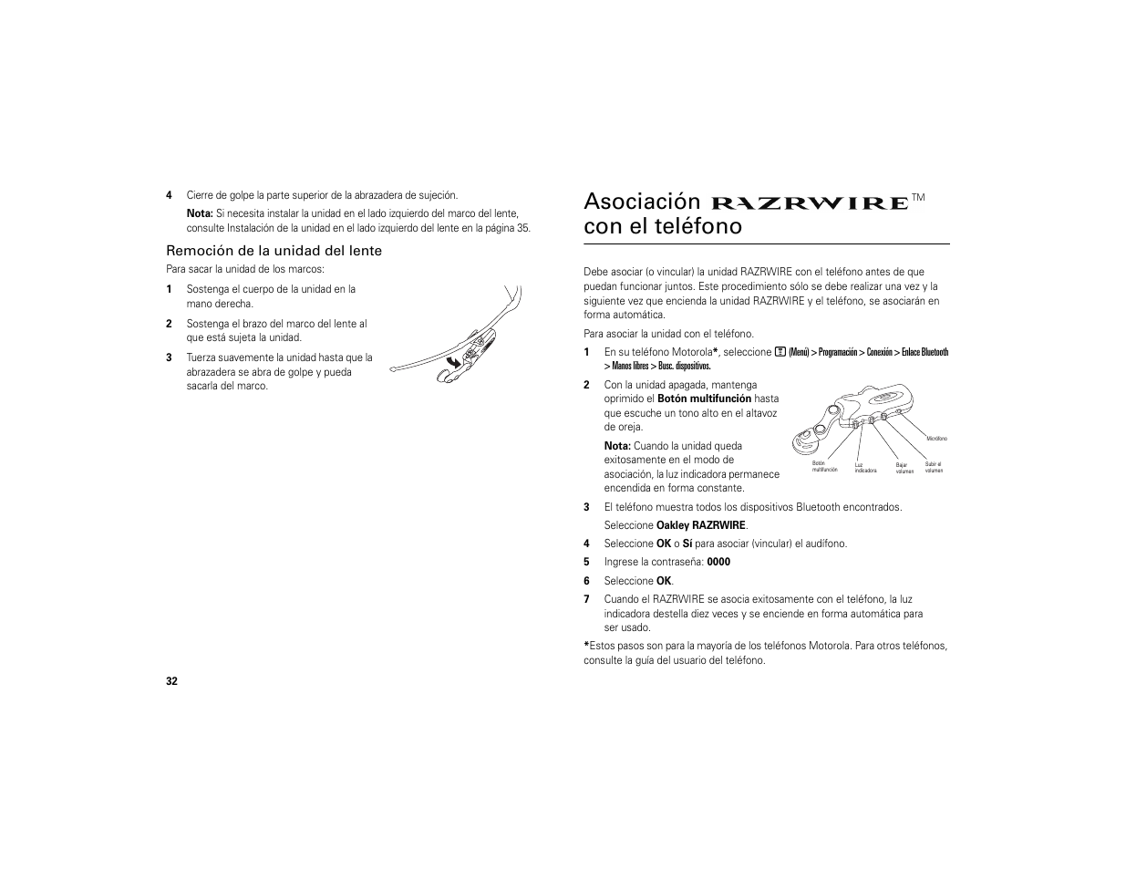 Remoción de la unidad del lente, Asociación razrwire™ con el teléfono, Asociación | Con el teléfono | Motorola 6809494A40-O User Manual | Page 34 / 60
