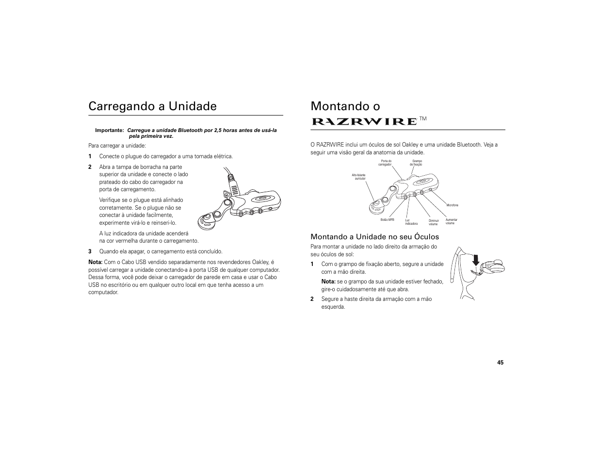 Carregando a unidade, Montando o razrwire, Montando a unidade no seu óculos | Carregando a unidade montando o razrwire, Montando o | Motorola 6809494A40-O User Manual | Page 47 / 60