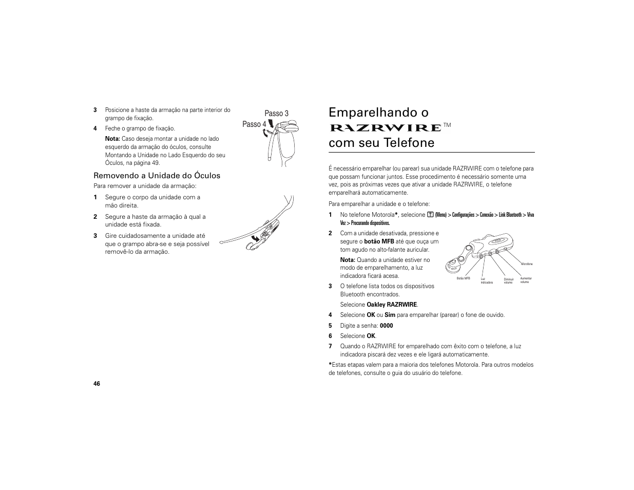 Removendo a unidade do óculos, Emparelhando o razrwire™ com seu telefone, Emparelhando o | Com seu telefone | Motorola 6809494A40-O User Manual | Page 48 / 60