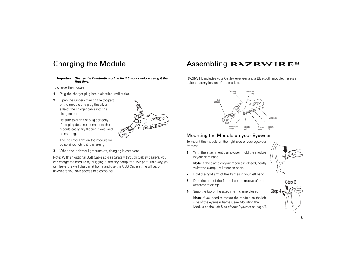 Charging the module, Assembling razrwire, Mounting the module on your eyewear | Charging the module assembling razrwire, Assembling, Step 3 step 4 | Motorola 6809494A40-O User Manual | Page 5 / 60