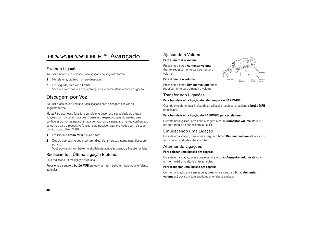 Razrwire™ avançado, Fazendo ligações, Rediscando a última ligação efetuada | Ajustando o volume, Transferindo ligações, Emudecendo uma ligação, Alternando ligações, Avançado, Discagem por voz, Razrwire | Motorola 6809494A40-O User Manual | Page 50 / 60