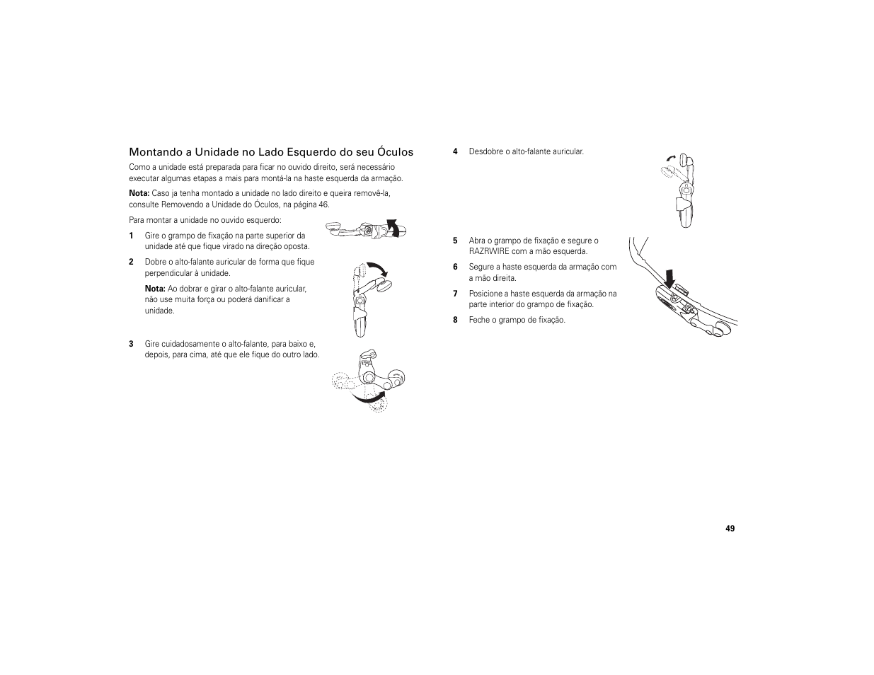 Montando a unidade no lado esquerdo do seu óculos | Motorola 6809494A40-O User Manual | Page 51 / 60