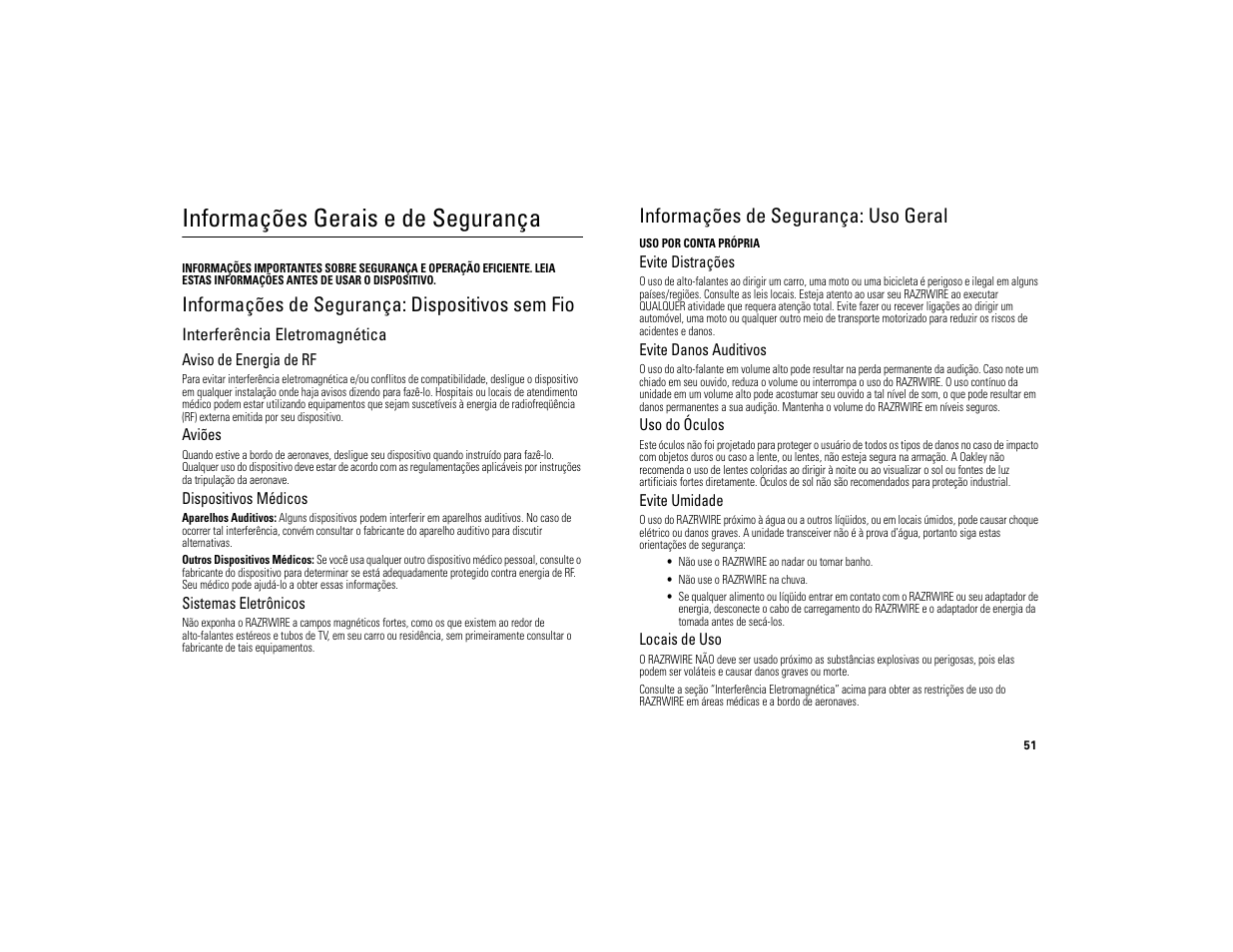 Informações gerais e de segurança, Informações de segurança: dispositivos sem fio, Informações de segurança: uso geral | Motorola 6809494A40-O User Manual | Page 53 / 60