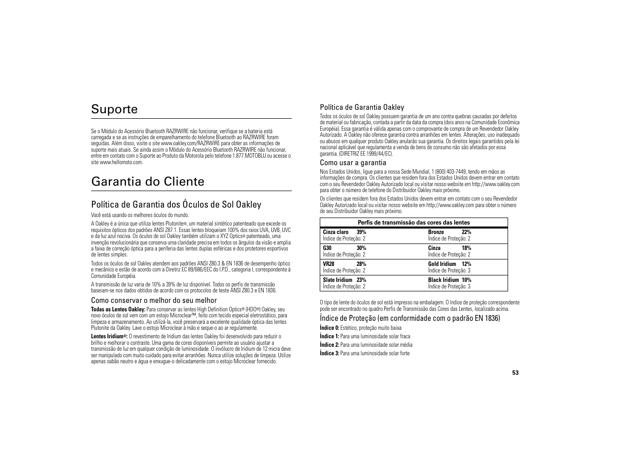 Suporte, Garantia do cliente, Suporte garantia do cliente | Política de garantia dos óculos de sol oakley | Motorola 6809494A40-O User Manual | Page 55 / 60