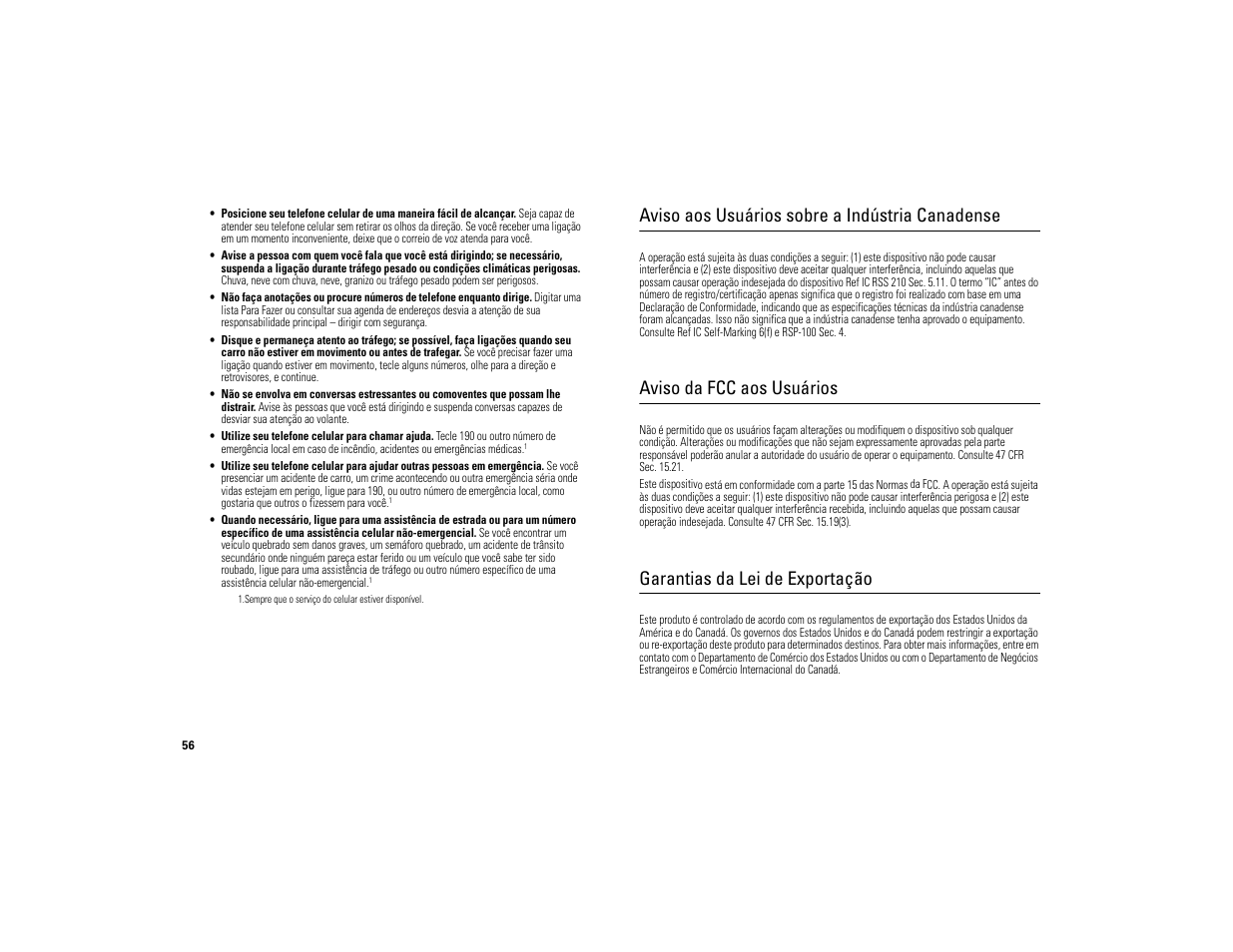 Aviso aos usuários sobre a indústria canadense, Aviso da fcc aos usuários, Garantias da lei de exportação | Motorola 6809494A40-O User Manual | Page 58 / 60