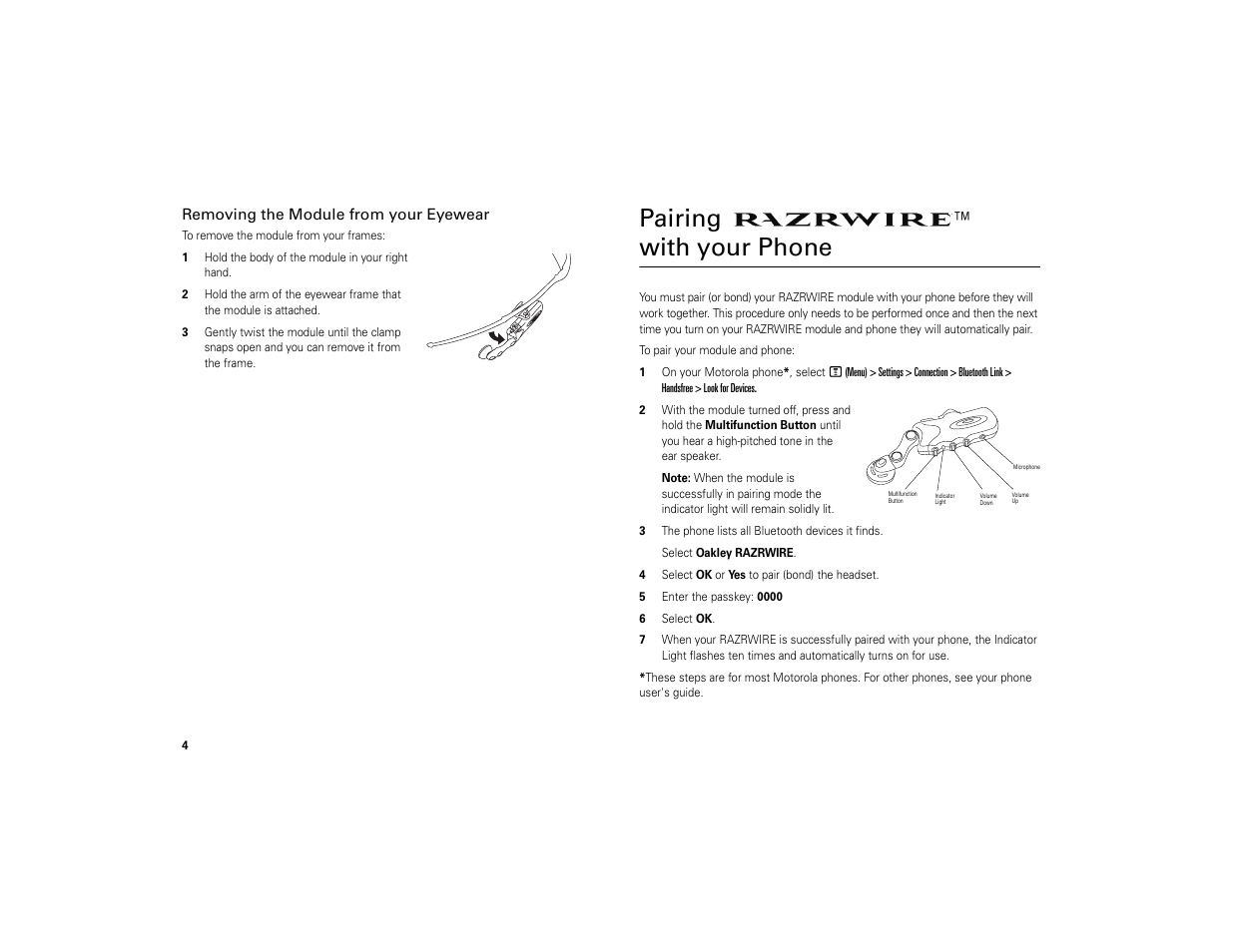 Removing the module from your eyewear, Pairing razrwire™ with your phone, Pairing | With your phone | Motorola 6809494A40-O User Manual | Page 6 / 60