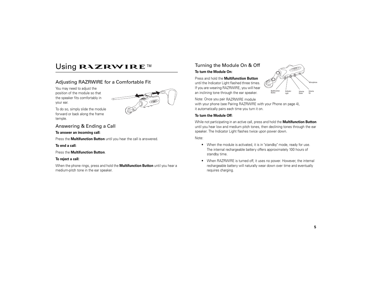 Using razrwire, Adjusting razrwire for a comfortable fit, Answering & ending a call | Turning the module on & off, Using | Motorola 6809494A40-O User Manual | Page 7 / 60