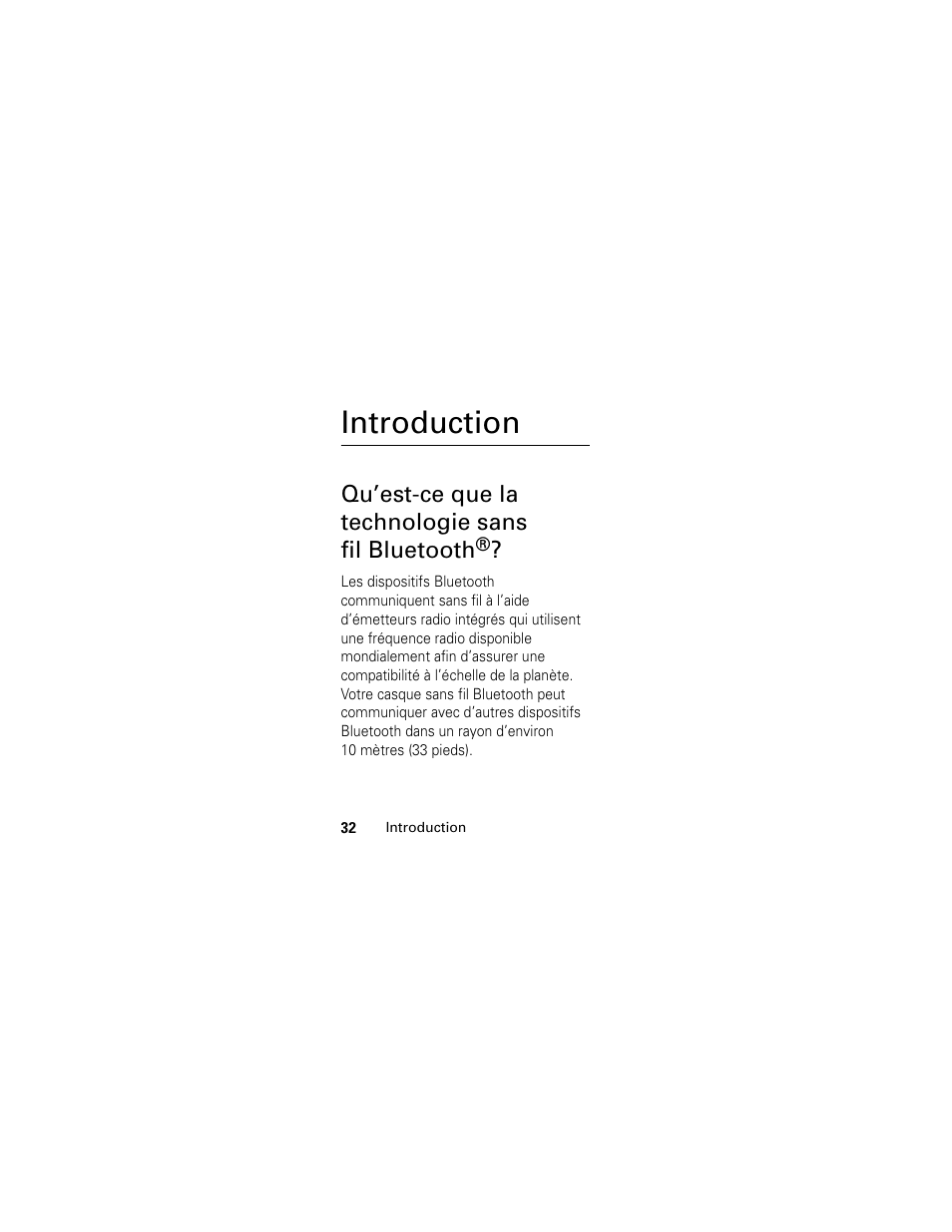 Introduction, Qu’est-ce que la technologie sans fil bluetooth | Motorola HS801 User Manual | Page 34 / 80