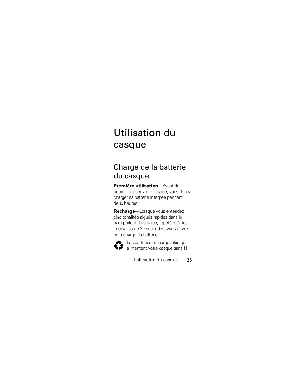 Utilisation du casque, Charge de la batterie du casque | Motorola HS801 User Manual | Page 37 / 80