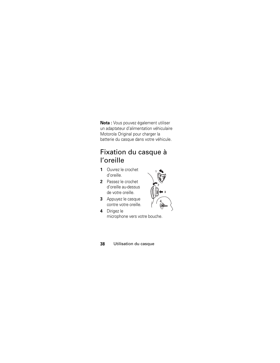 Fixation du casque à l’oreille | Motorola HS801 User Manual | Page 40 / 80