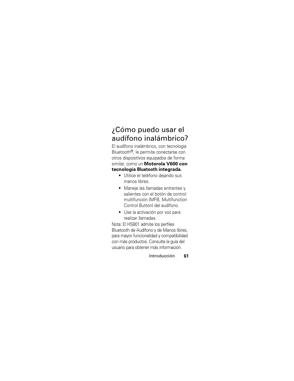 Cómo puedo usar el audífono inalámbrico | Motorola HS801 User Manual | Page 63 / 80