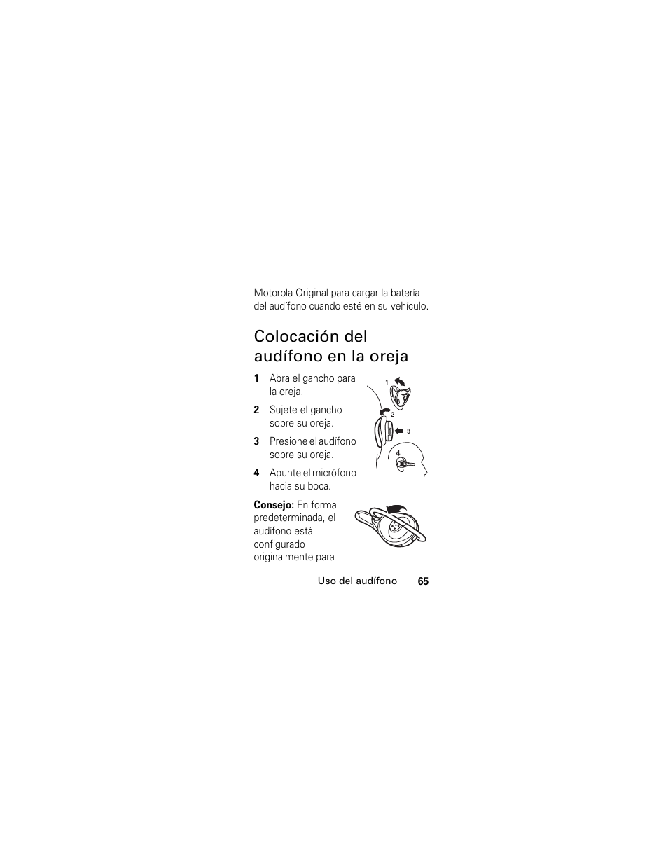 Colocación del audífono en la oreja | Motorola HS801 User Manual | Page 67 / 80