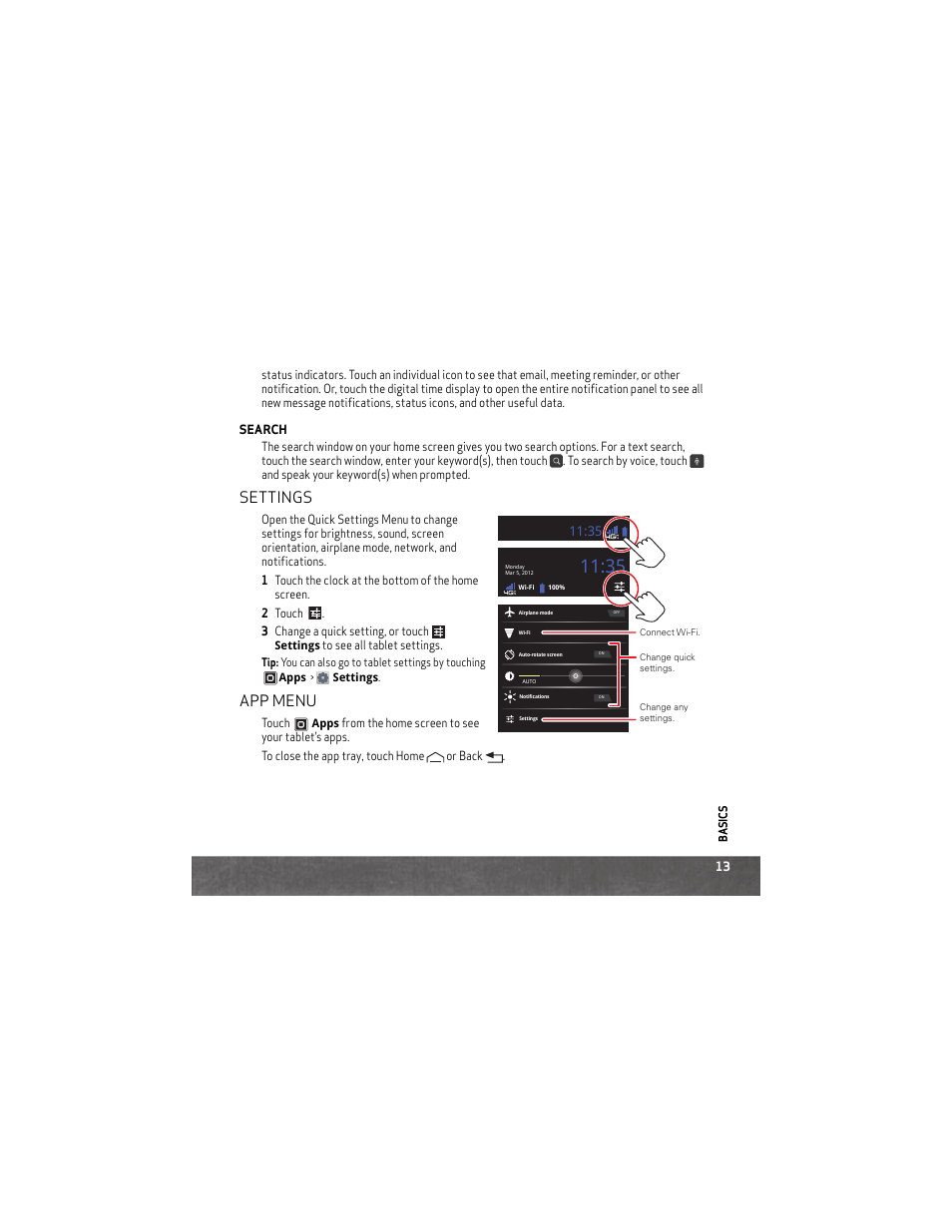 Settings, App menu | Motorola DROID XYBOARD 8.2 User Manual | Page 15 / 26