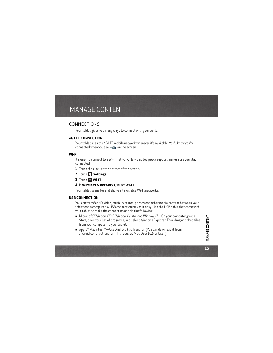 Manage content, Connections | Motorola DROID XYBOARD 8.2 User Manual | Page 17 / 26