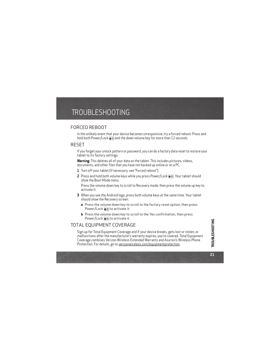 Troubleshooting, Forced reboot, Reset | Total equipment coverage | Motorola DROID XYBOARD 8.2 User Manual | Page 23 / 26