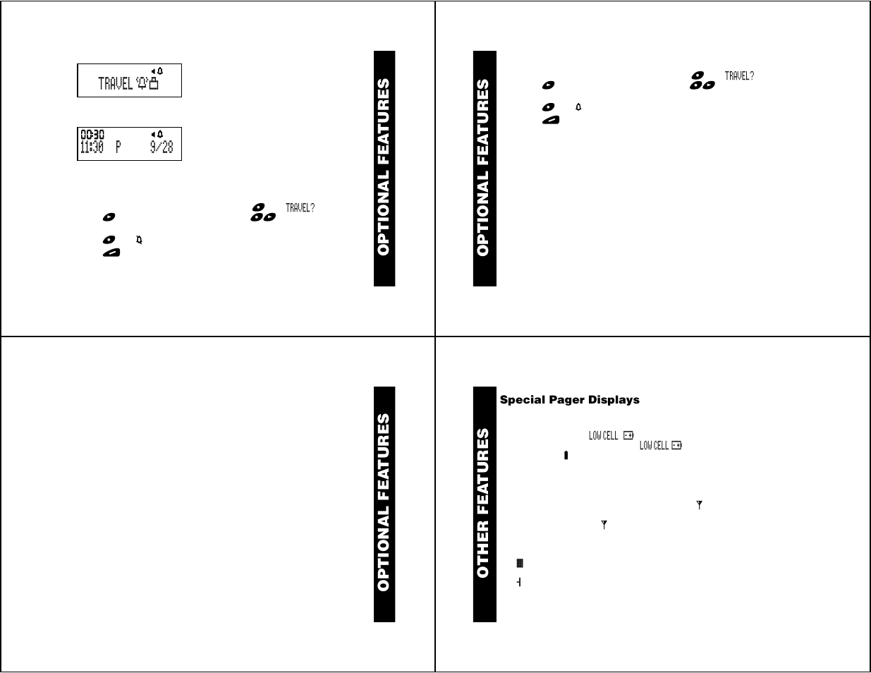 Quicknotes, Other features, Low battery | Out of range, Special message icons, Optional fea tures, Other fea tures | Motorola Jazz User Manual | Page 10 / 12